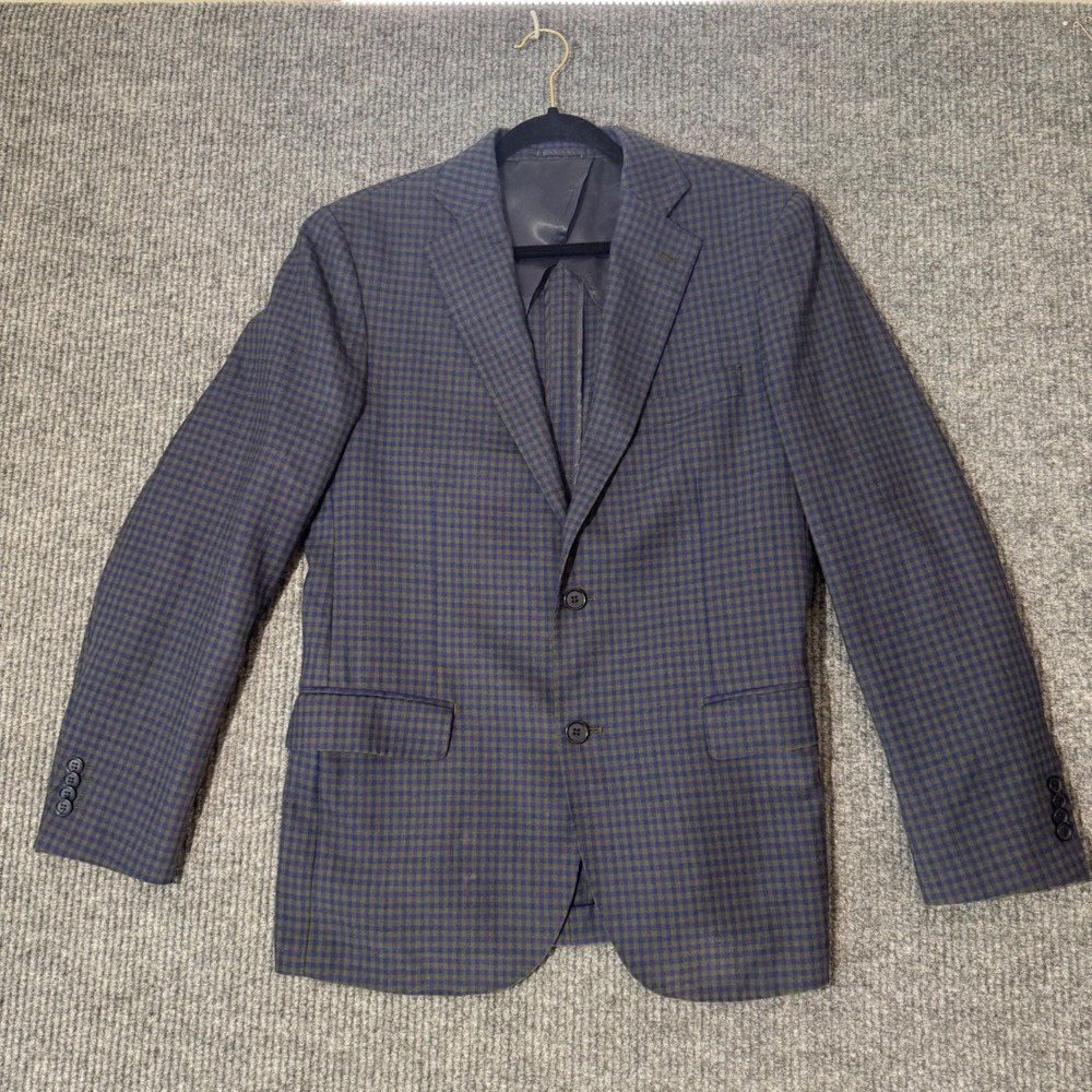 Byron Slim Fit Blazer Mens 40R British Style Wool Check Sport Coat Navy‎ Brown